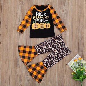 Toddler Kids Girls Halloween Plaid Letter Print T Shirt Tops+Leopard Pants